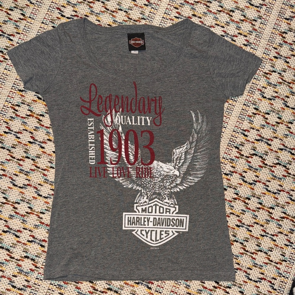 Harley-Davidson Gray Tee with Red & White Graphic